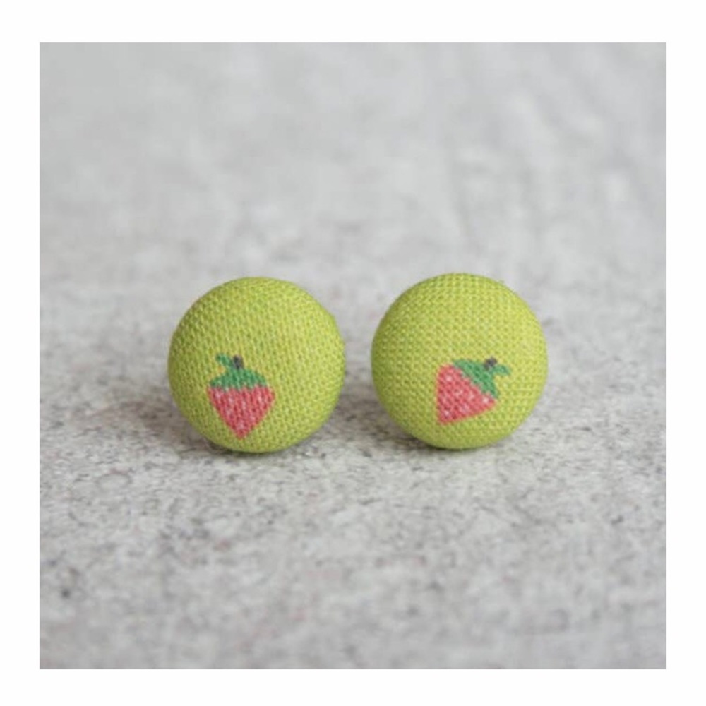 Sweet Strawberry Fabric Button Post Earrings Green New - Picture 2 of 4